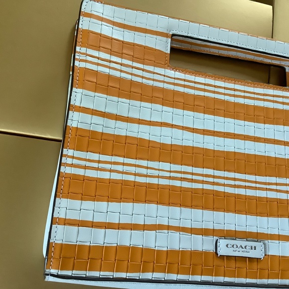 Coach Bleecker Embossed Woven Leather Pocket Clutch Bright Mandarin White NWOT - Picture 14 of 16